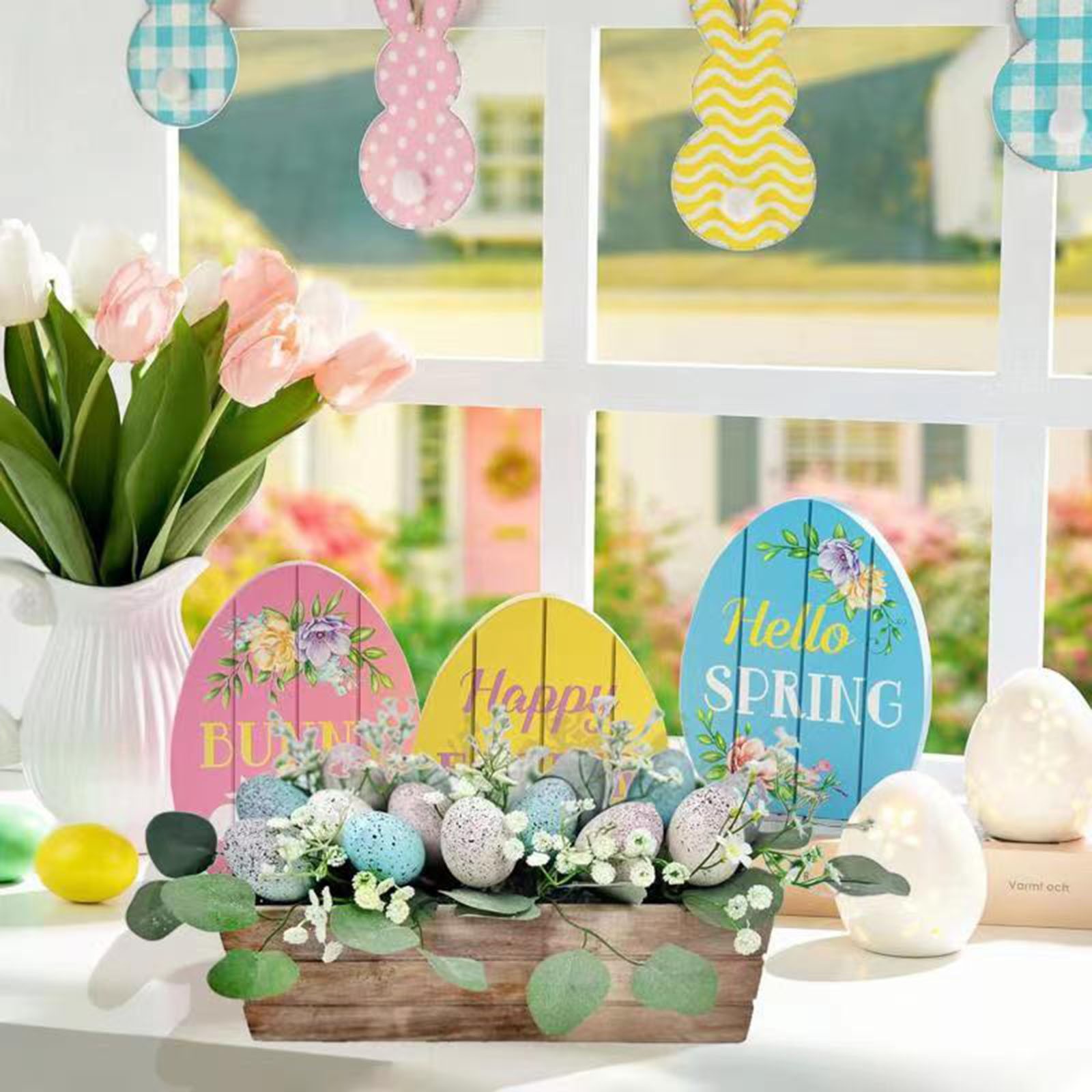 Artificial Eucalyptus Easter Egg Centerpiece in 14-inch Wooden Box - Farmhouse Table Decor with Faux Plants and Spring Eggs - Realistic Decorative Arrangement for Dining Room Home Office Wedding